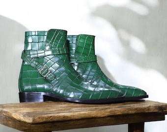 Elegant Men's Green Jodhpurs Alligator Boot | Full Grain Leather Motorcycle Boots | Dress Trendy Buckle Boots | Fully Stylish Handcrafted