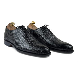 Handmade Black Crocodile Embossed Lace-Up Shoes | Exotic Alligator Print Leather Oxford | Luxury Formal Dress Shoe | Wedding Gift For Him