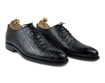 Handmade Black Crocodile Embossed Lace-Up Shoes | Exotic Alligator Print Leather Oxford | Luxury Formal Dress Shoe | Wedding Gift For Him