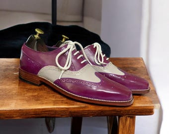 Luxury Men's Purple & Grey Handmade Shoes | Genuine Cow Leather | Stylish Lace Up Brogue Style | Designer Wing Tip Shoes | Gift For Him