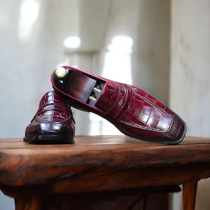 Handmade Alligator Penny Loafer | Custom Hand-Painted Burgundy Leather Shoes | Personalized Gift for Him Groomsmen, Wedding & Christmas Gift