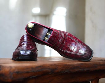 Handmade Alligator Penny Loafer | Custom Hand-Painted Burgundy Leather Shoes | Personalized Gift for Him Groomsmen, Wedding & Christmas Gift