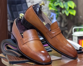 Handcrafted Men's Brown Leather Shoes | Casual Penny Loafers | Brogue Detail Slip-On Dress Shoes | Classic Business Footwear | Gift For Him