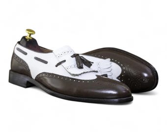 Handmade Brown & White Leather Fringe Loafers: Men display picture 1