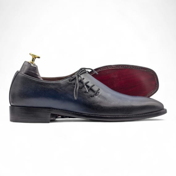 Luxury Handmade Navy Blue Whole Cut Oxford Shoes | Genuine  display picture 2
