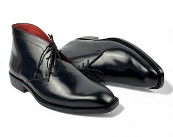 Handmade Black Leather Chukka Boots | High-Shine Ankle Formal Lace-Up Desert Boot | Men's Luxury Dress Boot | Elegant Style Footwear