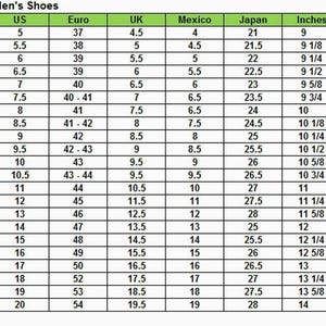 Peut inclure: Un tableau de conversion de pointures de chaussures pour hommes, intitul&eacute; "Men's Shoes". Il pr&eacute;sente les tailles US, Euro, UK, Mexico, Japon et en pouces. Les tailles varient de US 5 (9 pouces) &agrave; US 20 (14 pouces).
