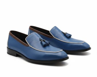 Men's Handmade Blue Shoes | Full Grain Leather | Tassel Loafers Shoes | Slip-On Dress Shoes | Premium Formal Footwear | Luxury Gift for Him