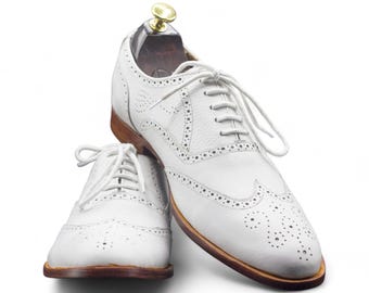 Handmade White Wingtip Brogue Oxford Shoes | Men's Dress Shoes | Full Grain Leather | Wedding Shoes |Summer Shoes | Gift For Him