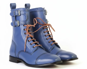 Handmade Men's Blue Military Buckle Boots | Lace-Up Ankle Boots  | Premium Leather Dress Boots | Cap Toe Style Boot | Luxury Gift for Him