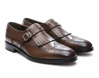 Luxury Handmade Men's Brown Shoes | Genuine Cow Leather | Wingtip Brogue Monk Strap Shoes | Fringe Dress Shoes | Elegant Buckle Shoes