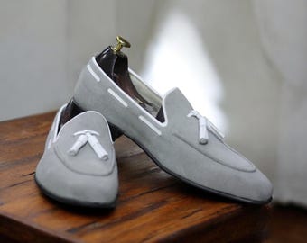 Ręcznie robione męskie zamszowe szare mokasyny | Wsuwane buty codzienne | Lekkie buty do jazdy samochodem | Eleganckie buty na formalne i codzienne okazje | Prezent dla niego