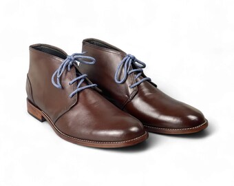 Handmade Men's Brown Chukka Boots Blue Laces | Classic Desert Boots | Premium Cow Leather | Casual Formal Footwear  | Birthday Gift For Him