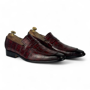Handmade Men's Burgundy Crocodile Embossed Penny Loafers | Luxury Slip-On Dress Shoe | Exotic Texture Leather Footwear | Gift For Him