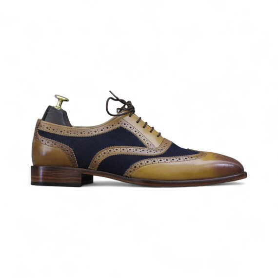 Luxury Handmade Brown- Navy Blue Wingtip Oxford Shoes  display picture 1