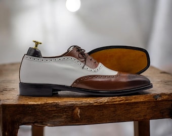 Bespoke Handmade White & Brown Shoes | Wingtip Brogues Dress Shoes | Stylish Lace-Up Formal Footwear | Premium Leather Dress Shoes For Men