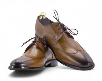 Handmade Brown Semi-Brogue Oxford Shoe | Men's Dress Shoe | Genuine Cow Leather | Business Formal Lace-Up | Wingtip Style Footwear