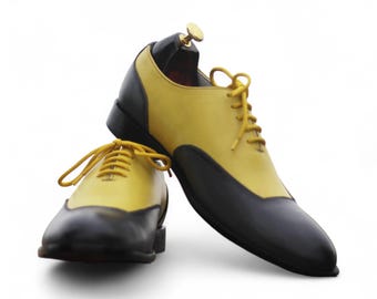 Luxury Men's Hand Crafted Grey Yellow Shoes | Full Grain Leather | Premium Hand Stitched Design | Stylish Dress Shoes | Wedding Gift For Him