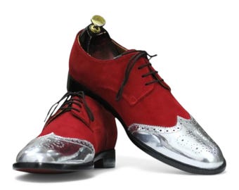 Handmade Burgundy Suede & Silver Leather Wingtip Oxford | Two-Tone Brogue Dress Shoe | Formal Lace-Up Footwear | Men's Designer Shoe