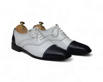 Handmade Men's Black White Oxford Shoes | Genuine Cow Leather | Spectator Shoes | Elegant Cap Toe Dress Shoes | Formal Shoes | Gift For Him