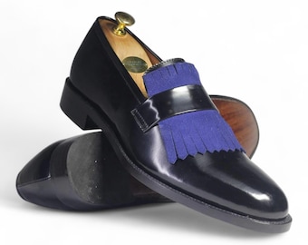 Handmade Men's Black Blue Loafers with Fringe | Slip On Dress Loafers | Genuine Leather Suede | Formal Business Shoes | Moccasin Shoes