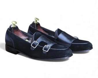 Chaussures faites main en cuir noir et daim à double bride | Chaussures habillées bicolores à enfiler | Habillées argentées à boucle | Chaussures de luxe pour hommes