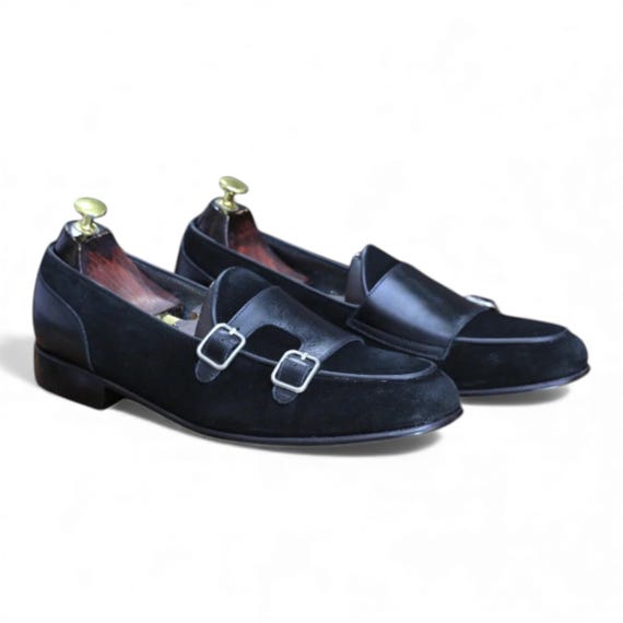 Handmade Black Leather & Suede Double Monk Strap Shoes | Two-Tone Formal Slip-On | Silver Buckle Dress Shoe | Men's Luxury Footwear