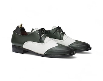 Men's Two-Tone Green & White Leather Shoes | Oxford Brogues Shoes  | Handcrafted Spectator Shoes | Stylish Dress Shoes | Gift For Him