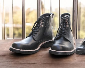 New Handmade Men's Black Leather Lug Sole Boots | Lace-Up Ankle Boots with Metal Accents | Premium Dress Boots | Luxury Formal Footwear