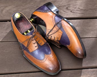 Skräddarsydda handgjorda blåbruna skor | Spectator Wing Tip Brogue-skor | Anpassade herrskor | Fullnarvat läder | Bröllopspresent till honom