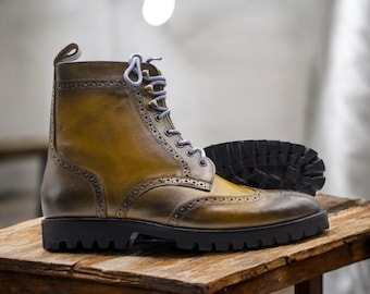 New Stylish Handmade Vintage Brown Boot | Ankle High Men's Boot | Wing Tip Designer Boot | Leather Boot With Rubber Sole | Gift For Him