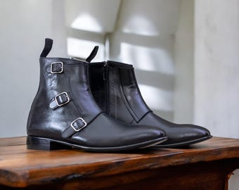 Bespoke Men's Black Motorcycle Boot | Genuine Calf Leather Boot | Custom Handmade Footwear | Triple Buckle Ankle High Boot | Gift For Him