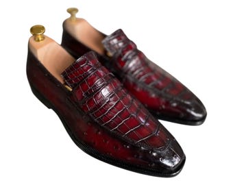 Luxury Handmade Burgundy Crocodile Embossed Loafers | Slip-On Dress Shoes | Formal Leather Loafers | Men's Business Shoes |  Gift for Him