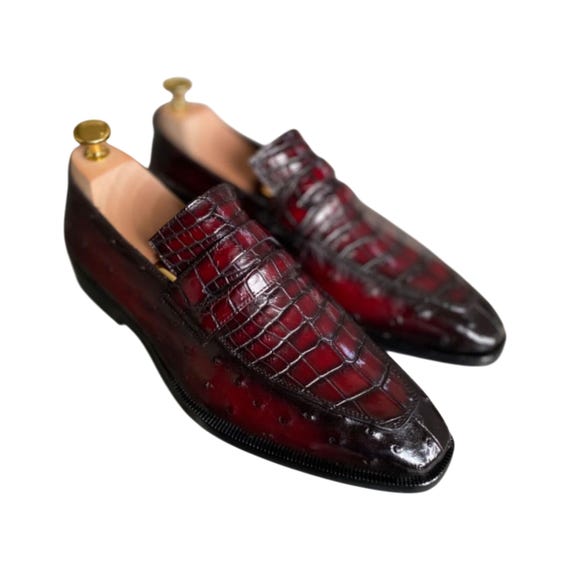 Luxury Handmade Burgundy Crocodile Embossed Loafers | Slip-On Dress Shoes | Formal Leather Loafers | Men's Business Shoes |  Gift for Him