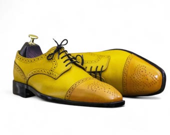 Handmade Customized Yellow Brown Cap Toe Brogue Oxford Shoes | Men's Leather Dress Shoe | Gift For Him
