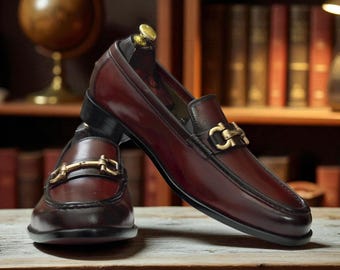 Handmade Burgundy Horse Bit Loafer Shoes | Calf Leather Shoes | Slip-On Formal Shoes | Comfortable Classic Men’s Dress Loafer | Gift For Him