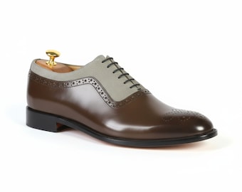 Handmade Men's Brown Grey Oxford Shoes | Leather Suede Dress Shoes | Brogue Formal Footwear | Luxury Gift For Him | Wedding Shoes Men