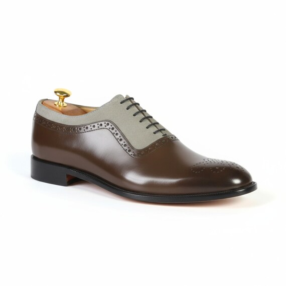 Handmade Men's Brown Grey Oxford Shoes | Leather Suede Dress Shoes | Brogue Formal Footwear | Luxury Gift For Him | Wedding Shoes Men