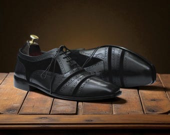 Bespoke Handmade Black Shoes | Genuine Leather & Suede | Men's Cap Toe Oxford Shoes | Formal Lace-Up Dress Shoes | Wedding Business Footwear