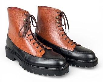 Luxury Handmade Two Tone Boot | Full Grain Leather | Elegant Combat Boots Men's | Custom Ankle Boots Tan Black Lug Sole | Gift For Him