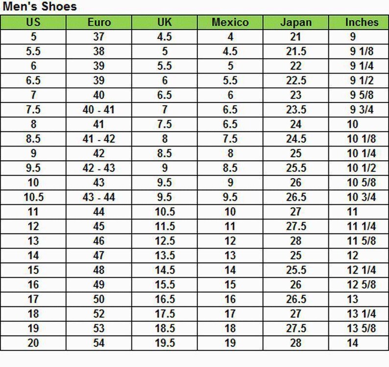 May include: A chart titled "Men's Shoes" displays shoe size conversions. It includes US, Euro, UK, Mexico, Japan, and Inches measurements. Sizes range from US 5 (9 inches) to US 20 (14 inches).