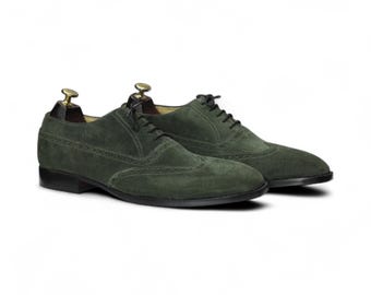 Handmade Men's Green Suede Oxford Shoes | Brogue Dress Shoes | Wing Tip Casual Shoes | Business Wear Shoes | Unique Shoes | Gift for Him