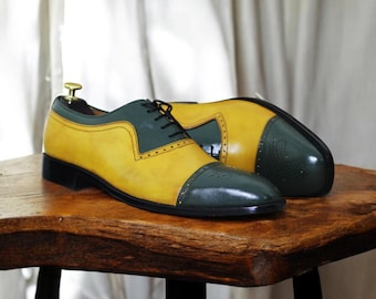 Bespoke Handmade Mustard & Green Shoes | Full Grain Leather | Lace Up Brogue Shoes | Men's Cap Toe Dress Shoes | Christmas Gift For Him