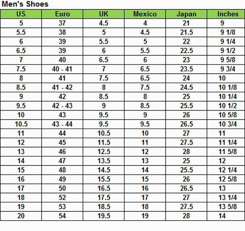 May include: A chart titled "Men's Shoes" displays shoe size conversions. It includes US, Euro, UK, Mexico, Japan, and Inches measurements. Sizes range from US 5 to 20, with corresponding Euro, UK, Mexico, and Japanese sizes.