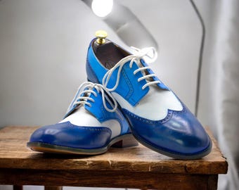 Handmade Men’s Blue and White Shoes | Genuine Cow Leather Shoes | Derby Lace up Shoes | Elegant Wingtip Dress Shoes | Wedding Gift For Him
