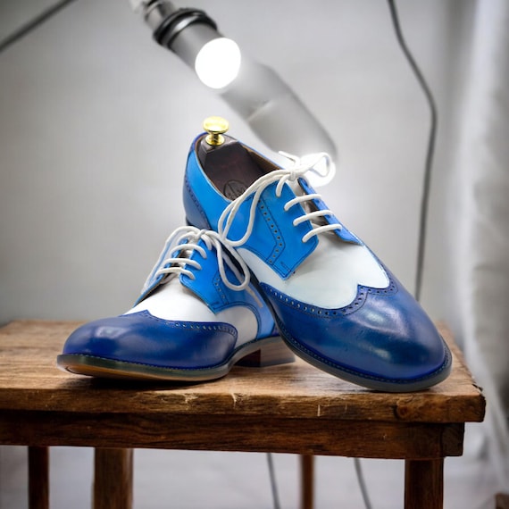 blue and white mens dress shoes Handmade Men's Blue and White Shoes | Genuine Cow Leather Shoes | Derby Lace up Shoes | Elegant Wingtip Dress Shoes