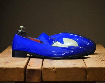 Handmade Men’s Blue and White Shoes | Penny Loafer Shoes | Slip-On Moccasin Style Shoes | Genuine Leather Dress Shoes | Perfect Gift for Him