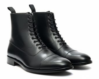 Handmade Men's Black Cap Toe Ankle Boots | Full Grain Leather | Lace-Up Dress Boot | Classic Military Style Boot | Formal Business Footwear