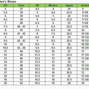 May include: A chart titled "Men's Shoes" displays shoe size conversions. It includes US, Euro, UK, Mexico, Japan, and Inches measurements. Sizes range from US 5 (9 inches) to US 20 (14 inches).