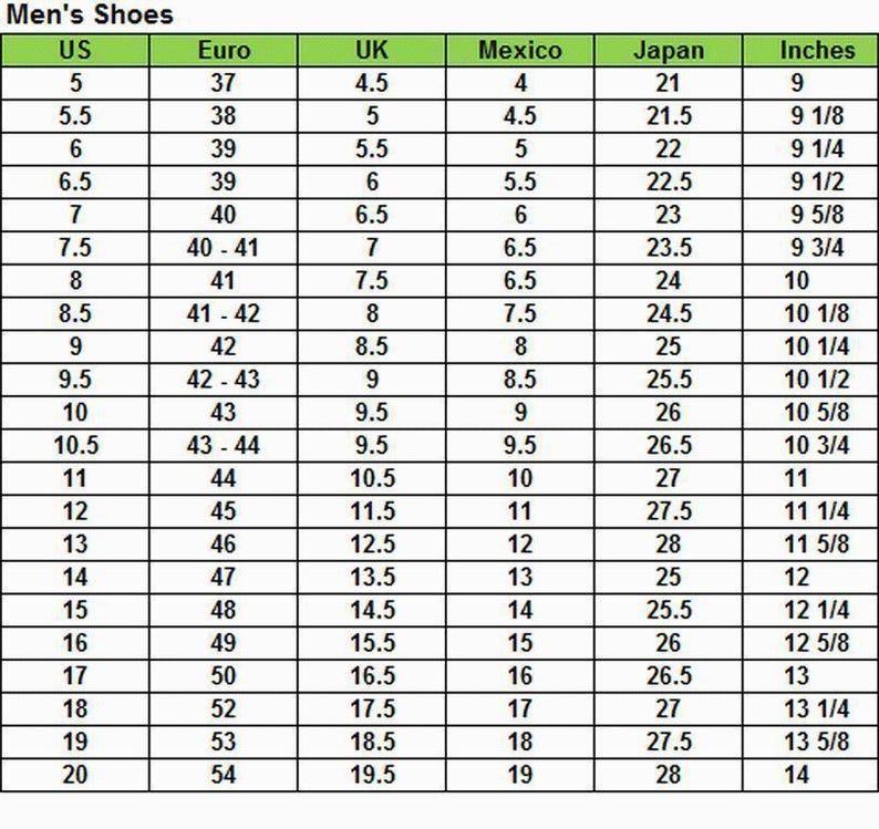 May include: A chart titled "Men's Shoes" displays shoe size conversions. It includes US, Euro, UK, Mexico, Japan, and Inches measurements. Sizes range from US 5 (9 inches) to US 20 (14 inches).